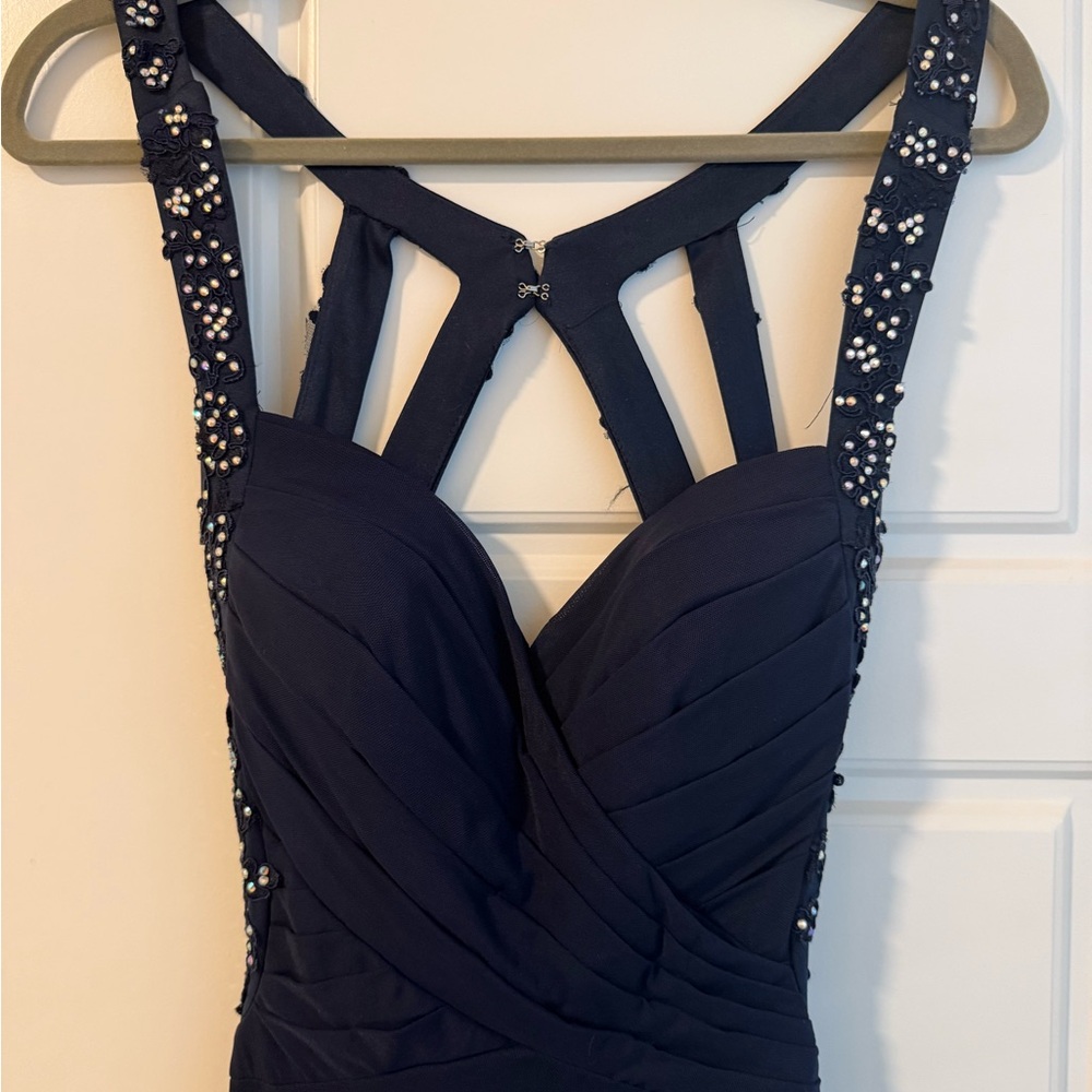 Elegant Navy Blue Dress with Beaded Straps